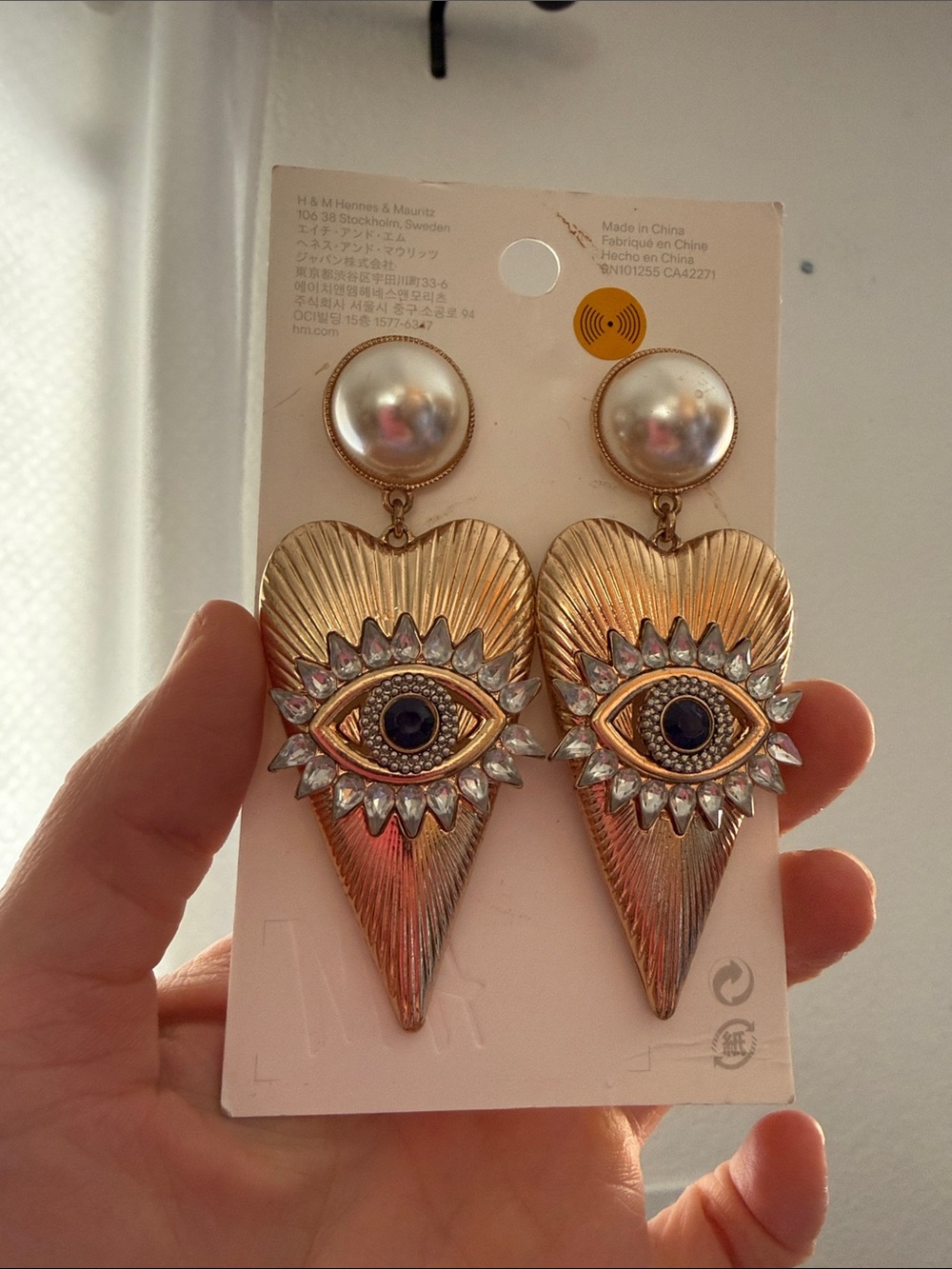 H&M Gold Heart Drop Earrings with Pearl Studs and Blue Eye